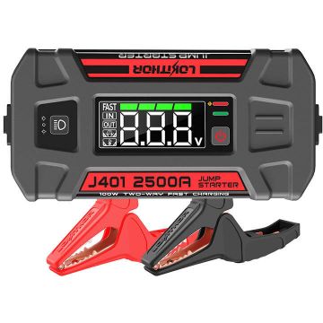 Redresor Auto J401 Starter cu Clesti pentru Pornire Motor Diesel sau Benzina 2500A USB/USB-C Functie de Powerbank si Lanterna Negru-Rosu