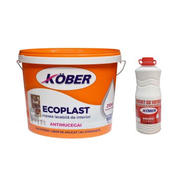 Vopsea lavabila, interior, alb, antimucegai, 15 L, Ecoplast + amorsa zidarie, 3 L, Kober