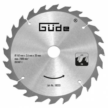 Disc pentru fierastrau circular, taiere lemn Gude 58333, O165x20 mm, 24 dinti