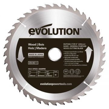 Disc pentru fierastrau circular, taiere lemn Evolution EVOBLADE230WD-0484, O230x25.4 mm, 40 dinti