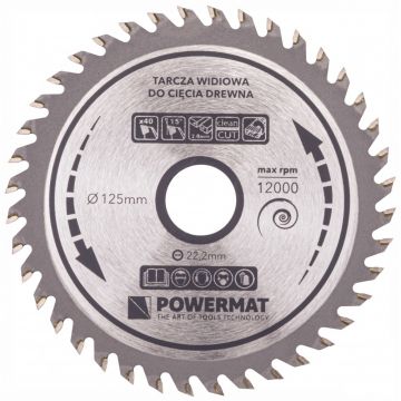 Disc circular pentru lemn cu 40 dinti TDD 125x22.2mm, Powermat