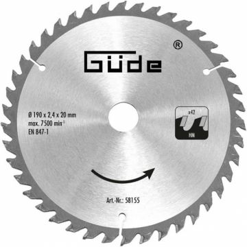 Disc pentru fierastrau circular, taiere lemn Gude 58155, O190x20 mm, 42 dinti