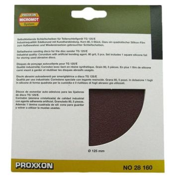 Set discuri abrazive autoadezive pentru TG 125 E Proxxon 28160, O125 mm, granulatie 80, 5 bucati