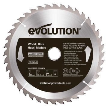 Disc pentru fierastrau circular, taiere lemn Evolution EVOEVOBLADE230WD-0484, Ø230x25.4 mm, 40 dinti