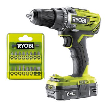 Masina de gaurit si insurubat Ryobi R18DD3, 1800 rpm, mandrina cu clichet 13 mm, cu acumulator, 1500 mAh si set 17 biti