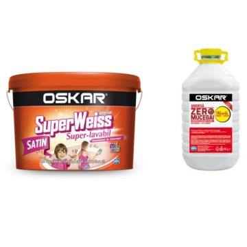 Vopsea lavabila interior Oskar SuperWeiss, rezistent la mucegai, alb satin, 15 l + 4 l Oskar Amorsa Zero Mucegai Vopsea lavabila interior Oskar SuperWeiss, rezistent la mucegai, alb satin, 15 l + 4 l Oskar Amorsa Zero Mucegai