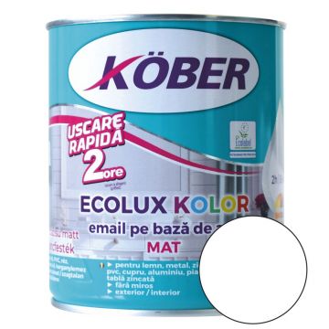 Email Kober Ecolux Kolor, pentru lemn/metal, interior/exterior, pe baza de apa, alb mat, 0.6 l