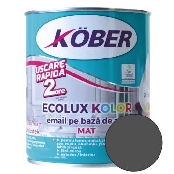 Email Kober Ecolux Kolor, pentru lemn/metal, interior/exterior, pe baza de apa, mat, gri antracit, 0.6 l