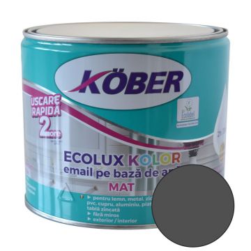 Email Kober Ecolux Kolor, pentru lemn/metal, interior/exterior, pe baza de apa, mat, gri antracit, 2.5 l