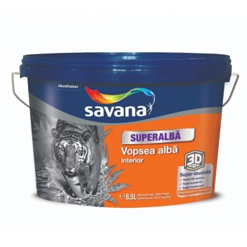 Vopsea superlavabila interior Savana 3D Activ, rezistenta la mucegai, superalb, 8.5 l