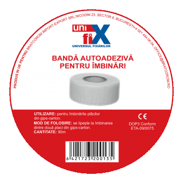 Banda autoadeziva Unifix pentru armarea imbinarilor dintre placile de gips-carton,de tip retea,din fibra de sticla, 50 mm x 90 m Banda autoadeziva Unifix pentru armarea imbinarilor dintre placile de gips-carton,de tip retea,din fibra de sticla, 50 mm x 90 m