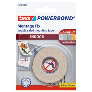 Banda dublu adeziva montaj Tesa Powerbond 55740, alba, interior, 19 mm, 1.5 m