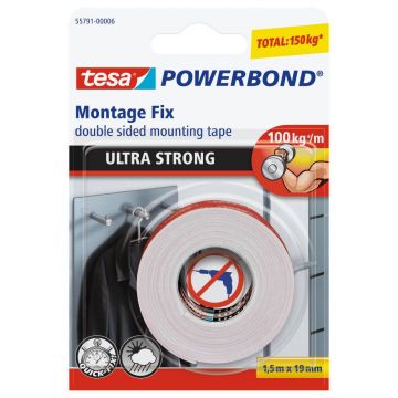 Banda dublu adeziva Tesa Powerbond Ultra Strong 55791, alba, interior/exterior, 19 mm, 1.5m