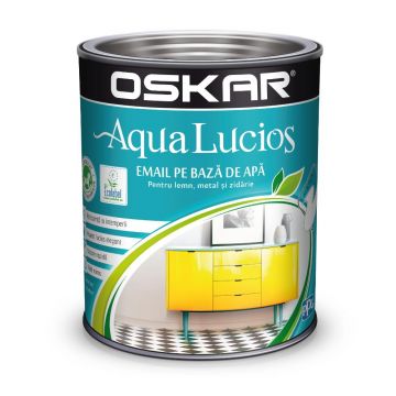 Vopsea Oskar Aqua Lucios, pentru lemn/metal/zidarie, interior/exterior, pe baza de apa, alb pur, 0,6 l