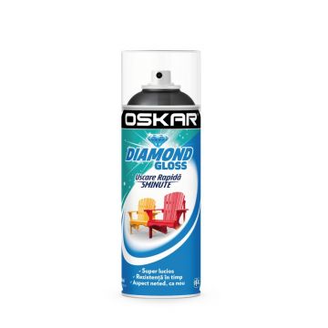 Vopsea spray pentru lemn / metal / ceramica Oskar Diamond Gloss, negru RAL 9005, lucios, interior/exterior, 400 ml