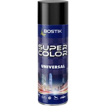 Vopsea spray universala decorativa Bostik Super Color, negru intens RAL 9005, mat, interior/exterior, 400 ml