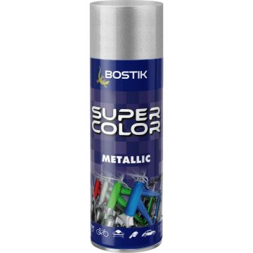 Vopsea spray universala efect metalic Bostik Super Color, argintiu, lucios, interior/exterior, 400 ml