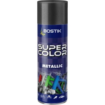 Vopsea spray universala efect metalic Bostik Super Color, gri, lucios, interior/exterior, 400 ml