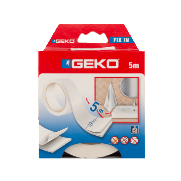 Banda dublu adeviza Geko Fix In, alb, 19 mm x 5 m