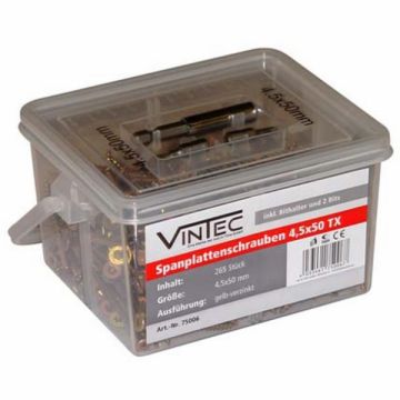 Set suruburi Torx cu cap plat pentru lemn Vintec 75006, O4.5x50 mm, 265 piese
