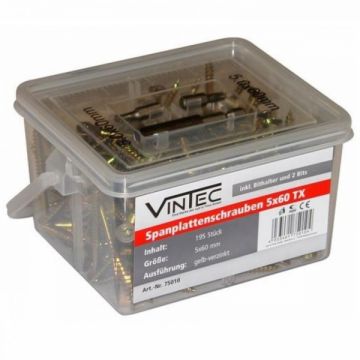Set suruburi Torx cu cap plat pentru lemn Vintec 75010, O5x60 mm, 195 piese