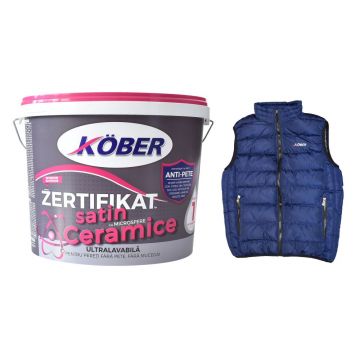 Vopsea lavabila interior/exterior Kober Zertifikat Satin, cu microsfere ceramice, alb, 15 l + vesta cadou