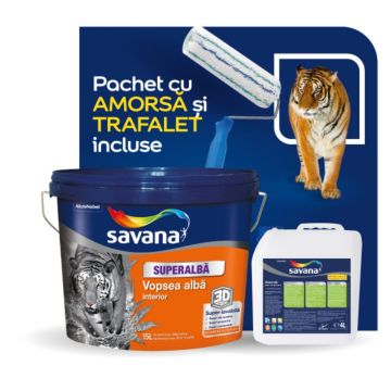 Vopsea superlavabila interior Savana, superalb, 15 l + 4 l amorsa + trafalet